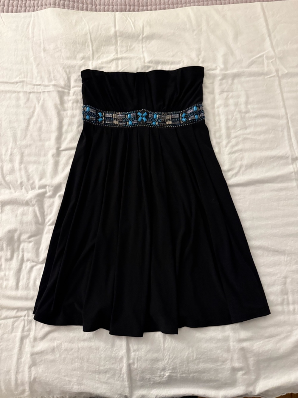 Vintage Y2K White House Black Market Turquoise Beaded Strapless Dress size 4
